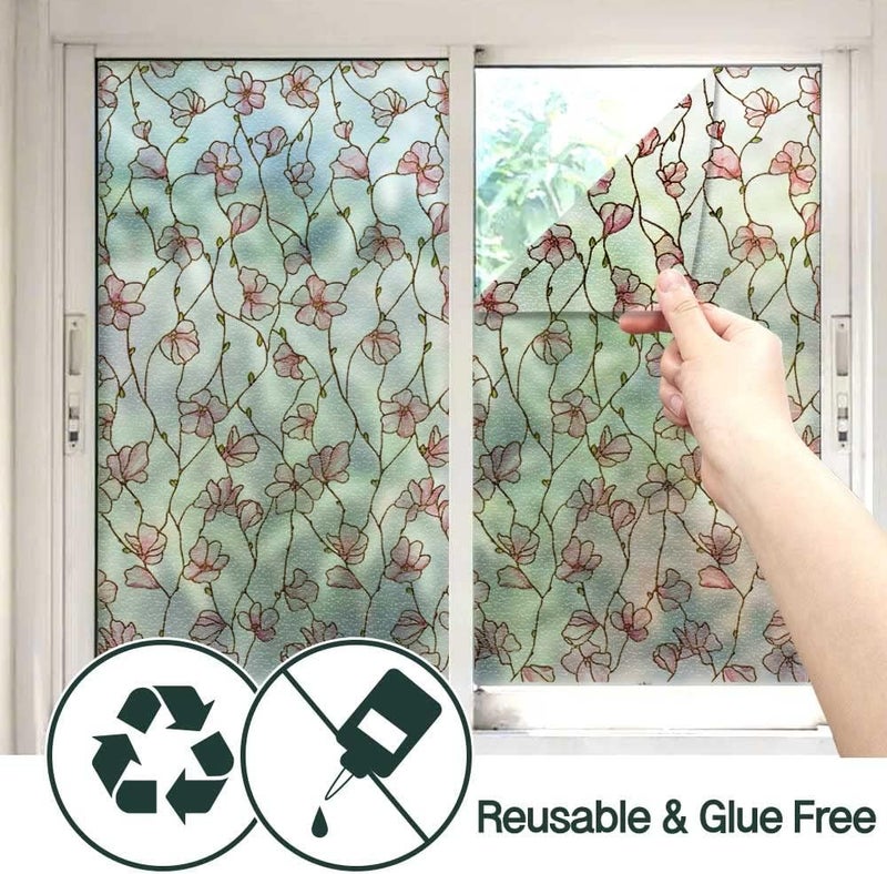 BEAUS TILE UNI Window Film Static Clings Non Adhesive 3D Stained Glass Window Decals UV Protection (Cherry Blossom, 37.4 x 24.4 Inch) - Image 4